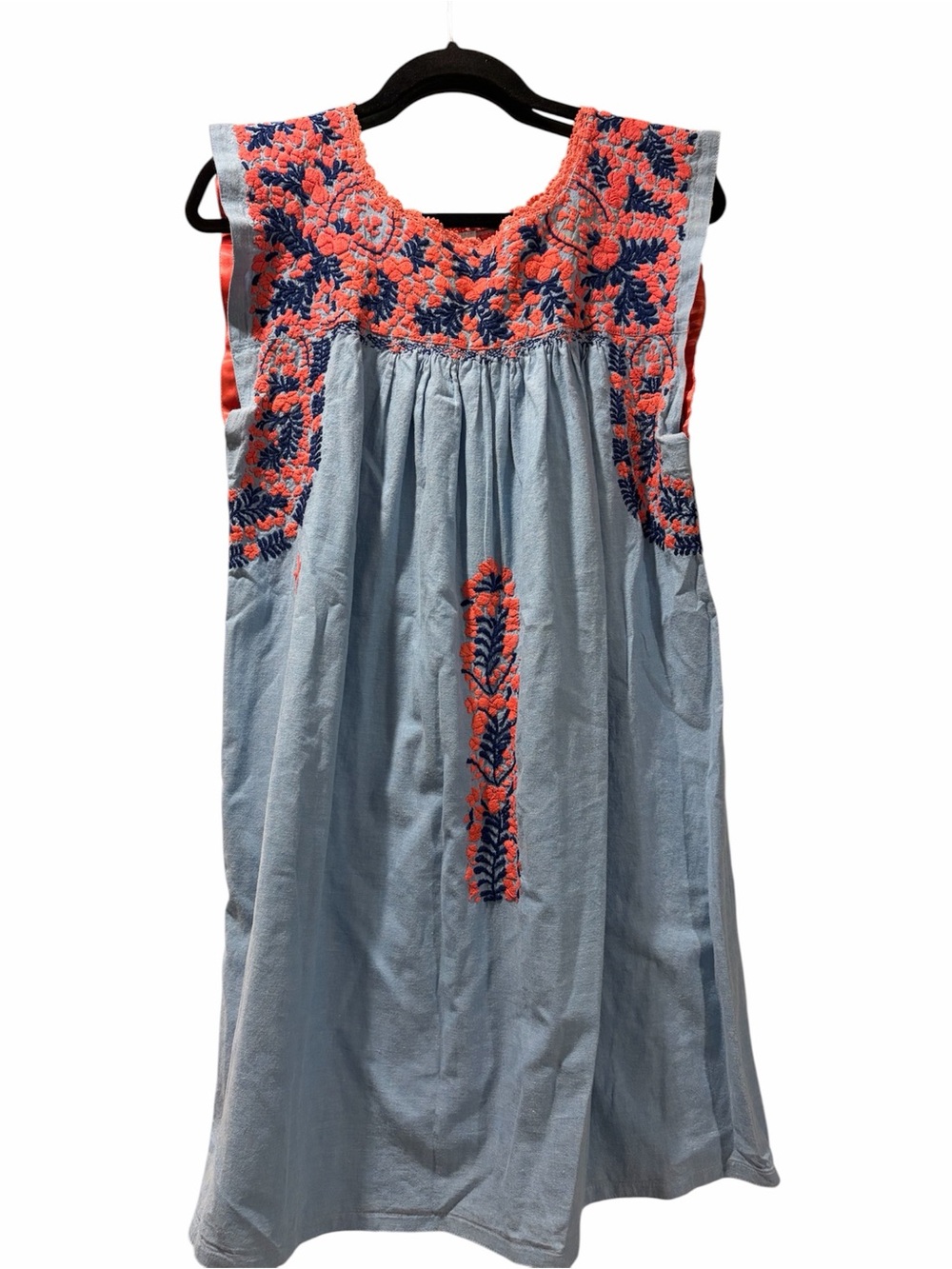 Mi Golondrina Embroidered Dress in Light Blue and Coral